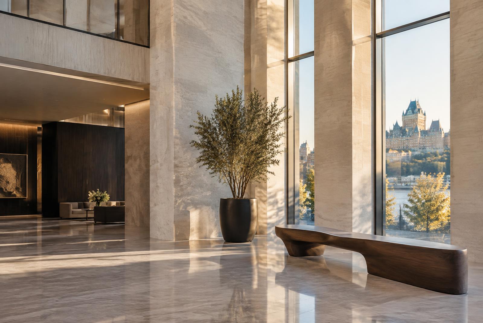 Hall contemporain baigné de lumière, avec vue sur Québec